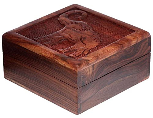 mtb more energy Deko Echtholz Kästchen ''Indian Elephant'' - Schmuckdose aus Sheesham Holz mit eingeschnitztem Elefant - 12x12x6 cm - Aufbewahrung Box Kiste