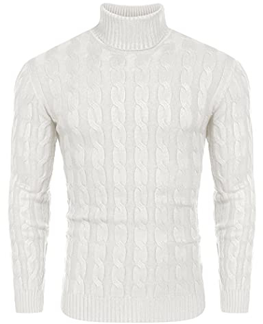 COOFANDY Mens Jumper Turtleneck Sweater Cable Knit Jumpers Roll Neck Long Sleeve Pullover Winter Long Sleeve Top White S