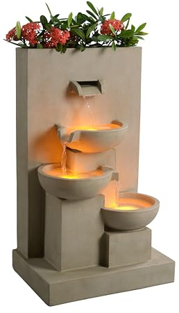 Teamson Home Fontaine d'eau extérieure avec jardinière de 29,13 pouces avec lumières LED, naturelle, Teamson Home