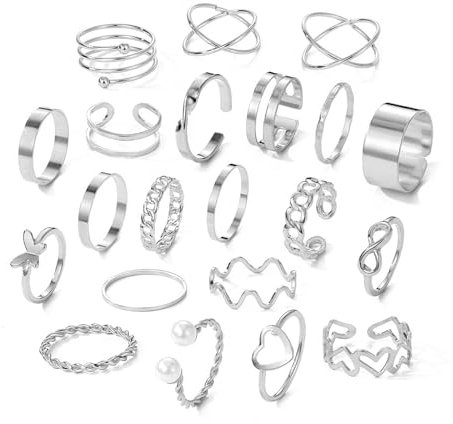 Vintage Knuckle Rings Set für Frauen, 21 Stück Girls Stackable Offene Knöchel Rings, Einstellbare klobige Daumenringe, böhmische Perle offene Ringe GIfts für Frauen Mädchen (Silber Ring Set 1)