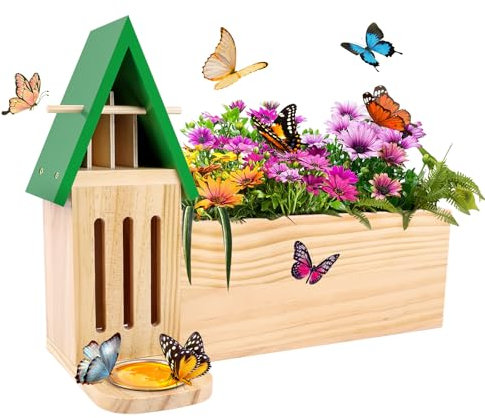 Casa de mariposas y comedero con maceta, casa de mariposa de madera para jardín, 3 en 1 con agujeros de drenaje, hábitat natural de mariposas para decoración de jardín