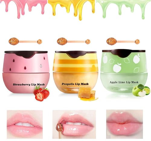 Asheyya 3 PCS Honey Lip Balm, Beebalm Uk Lips with Stick for Moisturizing Prevent Dry Cracked Lip (Honey+Strawberry+Apple Lime)