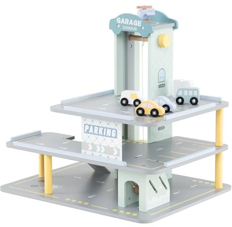 COSTWAY Garage en Bois à 3 Niveaux Enfants avec 4 Voitures & 1 Hélicoptère, Garage de Stationnement avec Ascenseur Amovible, Station-Service & Héliport, Jeu d'Imitation pour Enfant de 3 Ans+