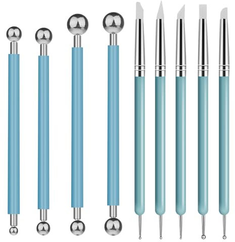 JJUNW 9 Stück Ton Schnitzwerkzeug, Modellierwerkzeug, Modellierkugel und Weiche Gummispitze Modellierstift Bildhauerwerkzeuge Clay Sculpting Tools für Nagelkunst Fondant Modellierung Prägung DIY