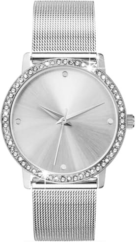 Crystal Blue Damen Armbanduhr Silber Edelstahl Milanaise Mesh Armband wasserdicht klar Zirkonia 86816