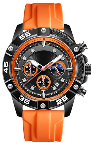 RORIOS Orologio da Polso Elegante da Uomo Orologi Casual Sportivi Orologio Analogico Quarzo Orologio Multifunzionale Cronografo con Cinturino in Silicone Arancio