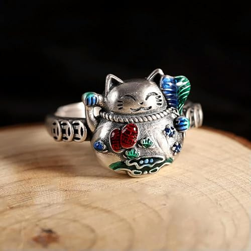 Anillo de Plata 925 auténtica para Mujer, Anillo con Forma de Gato y Moneda esmaltada de Colores de la Suerte
