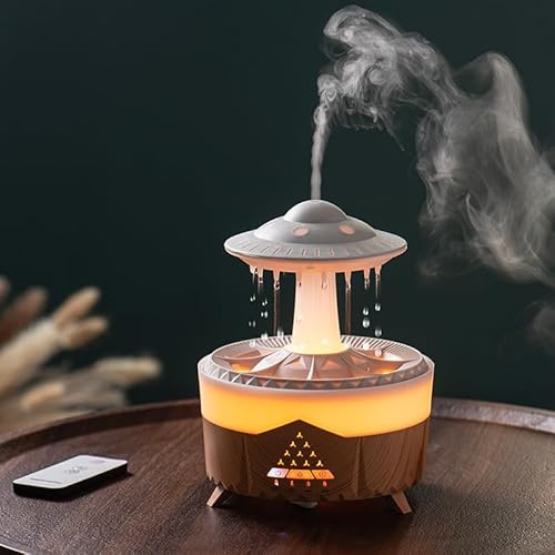 Umidificatore a Nuvola di Pioggia,3 in 1 Umidificatore Ambiente/Diffusore di Oli Essenziali/Luce Notturna a 7 Colori,2/4/8H Timer, Telecomando, 350 ml, per Camera da Letto e Bambini (Colore del legno)