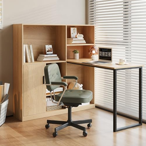 Merax Bureau d'ordinateur avec étagère, armoire avec espace de rangement, table de travail, naturel, cadre en fer stable, compartiments ouverts et armoire fermée
