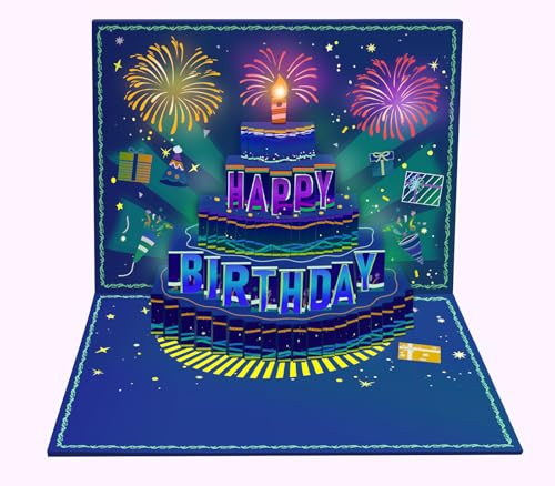 Happy Birthday Cards,Music & Blowable Candle & Light Fireworks Greeting Cards,3D Pop-up Birthday Cards with Envelope,Birthday Gifts for Women Men Mum Dad Friends Kid