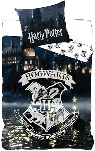 Harry Potter Sängkläder för enkelsäng | påslakan 140 x 200 cm + örngott 50 x 70 cm | 100 % bomull | mjukt och ventilerande sängkläder för barn och tonåringar | Magisk sovrumsinredning