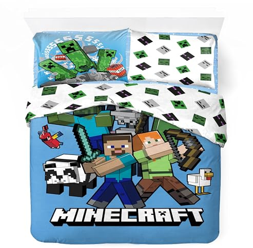 Juego de funda nórdica reversible Minecraft de algodón doble, juego de ropa de cama reversible 240 x 220 cm, 2 fundas de almohada 65 x 65 cm, 100% algodón (Minecraft Set)
