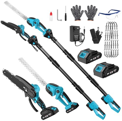 Motosega e Tagliasiepi a Batteria Telescopica, 4 in 1 Kit Potatura Sega Elettrico Mini Motosega, 4* Catene 6, 2 * 4000 mAh Batterie Ricaricabili per Tagliare Giardini, Arbusti, Rami Fino a 3,95 Metri