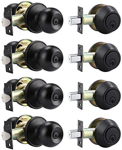 4 Pack Entry Door Knob and Single Cylinder Deadbolt Combination Set, Keyed Alike, Flat Black Entry Entrance Keyed Round Door Knobs Lockset with Deadbolt Lock Set for Exterior Door