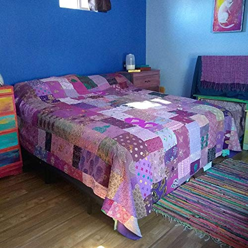 Fatto a mano Stampa Mano Jari Patchwork King/Twin Size Ricamo Decorativa per la casa Trapunta Copriletto Kantha Coperta indiana Art (Purple, 60 x 90)