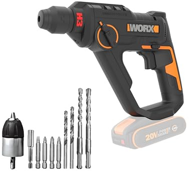 Worx Cordless Hammer Drill 20V 1.2J WX391.9 Fast Drilling in Concrete, 3 Functions in 1, Comes with 10 Drill Bits for Concrete, Wood and Metal, No Battery or Charger