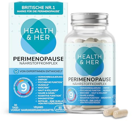 Health & Her Perimenopause Supplements for Women - with Red Clover, Wild Yam Ashwagandha. Wellbeing Support for The Early Stage of Menopause - 1 Month Supply, 60 Capsules - Vegan & Gluten Free
