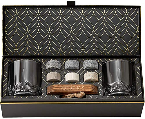 Piedras de Whisky Refrigerantes en Set de Regalo - 6 Piedras Naturales de Granito Premium - 2 Vasos de Whisky de Cristal - Bandeja de Madera - Elegante Caja de Regalo con Lámina de Oro de R.O.C.K.S.