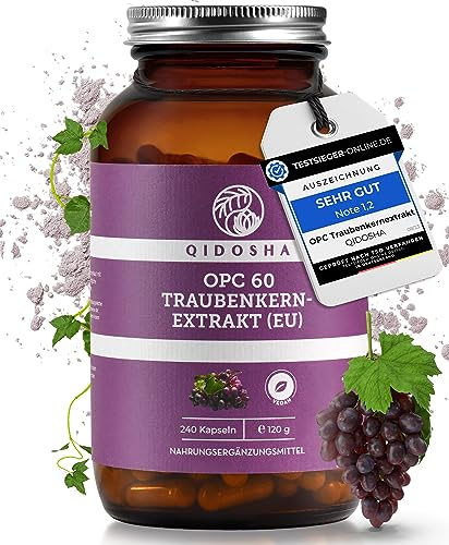 QIDOSHA® Premium OPC Traubenkernextrakt hochdosiert I TESTSIEGER 08/2023* I 240 Stk im Glas I Traubenkern-Extrakt Kapseln hochdosiert mit 60% reinem OPC I vegan