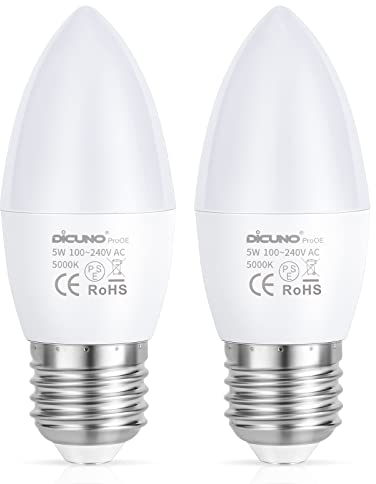 DiCUNO E27 LED Lampe 5W, Kaltweiß 5000K, ersetzt 40W Halogen, 410lm, CRI 98 Vollspektrum, kein blaues Licht, C37 Kerzenform, Abstrahlwinkel 270°, ProOE Serie, Flimmerfrei, nicht dimmbar, 2er Pack