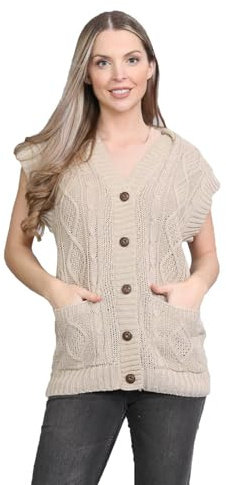 janisramone® Button up Sleeveless Cardigans for Women, V Neck Cable Knitted Vest with Front Pockets, Comfortable Warm 5 Button Ladies Cardigan Stone