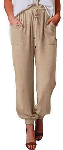 Nuofengkudu Damen Haremshose mit Taschen Gummizug Hippie Pumphose Knöchellang Weite Boho Einfarbig Harem Hose Wohlfuehlhose Pants Pluderhose Locker Freizeithose Casual Urlaubs Haushose Aprikose M