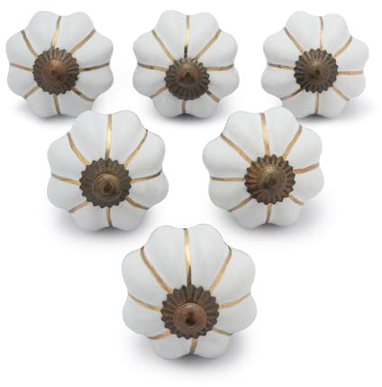 Ajuny Pomos de Cerámica Pintadas a Mano en Blanco para Gabinetes Cajones y Muebles Tiradores para Cocina Baño Tocador Manijas Decorativas Brillantes Juego de 6 Perillas con Diseño de Calabaza