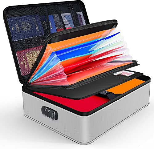 JUNDUN Dokumenten Organizer, Feuerfeste Dokumententasche mit Schloss, Dokumenten-Aufbewahrungsbox mit 7 Fächern, Akten-Organizer, Tragbare Aktentasche für Wichtige Dokumente, Akte (Silbern)