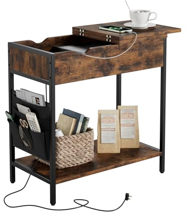 Nicehill Side Table with Charging Station, Narrow End Table with USB Ports, Outlets, Fabric Bags, Storage Shelf, Narrow Bedside Table for Small Rooms, Bedroom, Living Room, Easy Assembly, Rustic Brown