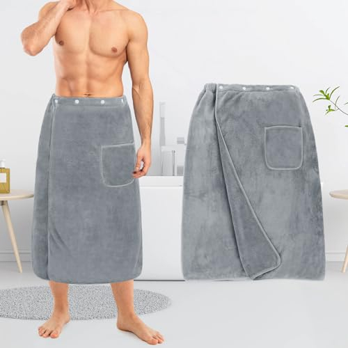Oemmn Saunakilt für Herren verstellbar Saunahandtuch Saunahandtuch mit Klettverschluss,aus saugstarkem Baumwoll-Frottier Saunatuch Saunarock Saunasarong Mikrofaser Sauna Kilt Coral Fleece (Hellgrau)