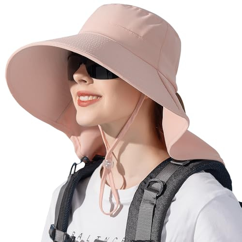 WANYI Chapeau de Soleil Femmes Anti UV Chapeau d'été avec Trou pour Queue de Cheval 12cm à Large Bord Safari Casquette pour Randonnée, Voyage, Pêche, Camping 55-60CM（Rose）