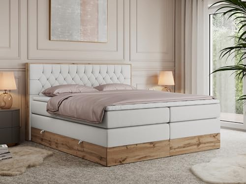 MKS MEBLE King Boxspringbett 200x200 mit Bettkasten und Kopfteil, Bonell Polsterbett mit Matratze H3 und Topper T25, Bett mit Holzrahmen in Wotan Eiche - Weiß Kunstleder - Amore King