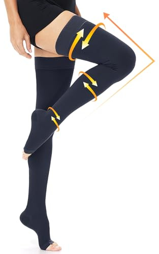 Beister 15-20 mmHg Calze a compressione medicali con punta aperta per donne e uomini, calze a compressione graduata alte fino alla coscia con fascia in silicone a puntini, calze a compressione per