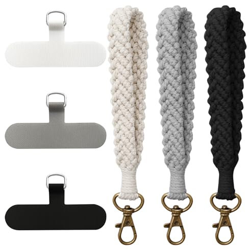 Lot de 3 dragonnes pour téléphone portable,dragonne pour étui de téléphone,lanière de téléphone en macramé Boho,dragonne de téléphone portable noire,blanche et grise,poignet porte-clés de téléphone