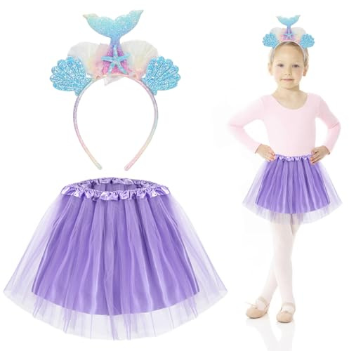 Meleager Deguisement Sirene Fille, Serre Tête Mermaid avec Oreilles et Tutu Jupe Violette, Costume Princesse Filles pour Carnaval, Noël, Fête Anniversaire Enfant