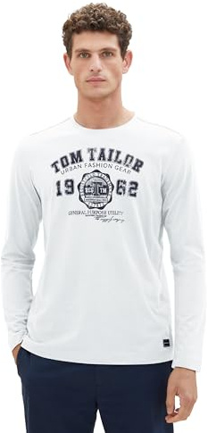 TOM TAILOR Camiseta básica de Manga Larga para Hombre con Texto Impreso, 14297 - White 2, S