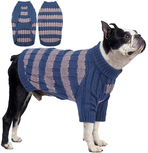 Hjumarayan Jersey Perro Mediano, Cálido y Elástico Sueter Perro Invierno Ropa Bulldog Frances, Diseño a Rayas Jersey Punto con Agujero para Correa, Azul L