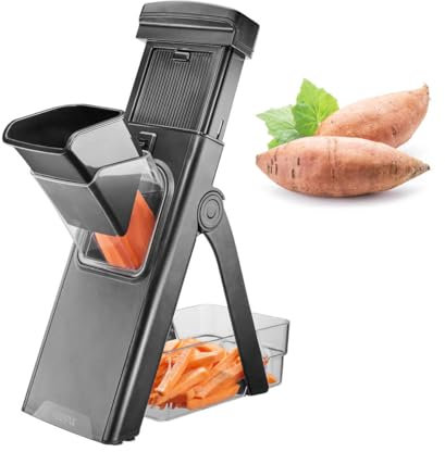 GEFU All-in-One Gemüsehobel | Für Süßkartoffeln, Gemüse & Obst bis Ø 8 cm | Mit Auffangbehälter, verstellbaren Klingen & Saugnapf-Standfuß | Edelstahl