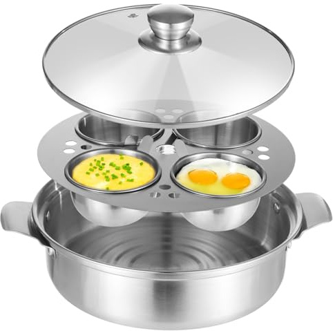 Vestamore Padella in acciaio inox, 4 cuociuova con pentola a vapore, ideale per induzione e stufa, distribuzione uniforme del calore, perfetta per zuppe e uova in camicia, 24 x 6,6 cm
