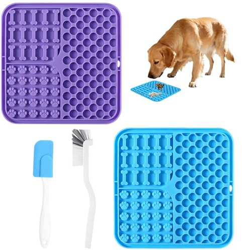 Lot de 2 tapis à lécher pour chien avec spatule en silicone et brosse de nettoyage, Licky Mats, Slow Feeder, alimentation lente, léchage pour l'anxiété, pour le bain, l'entraînement et le toilettage