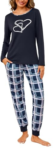 Leversic Pyjama Femme Hiver Coton Vêtements de Nuit Femme 2 Pièces Haut Manche Longue Bas 1077-NBW2 L