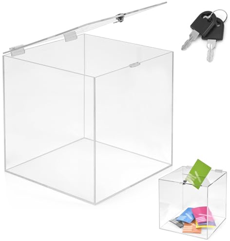Boîte de Dons en Acrylique Verrouillable, 20x20x20cm Boîte de Rangement en Verre Acrylique avec Serrure et Clé, Carré Boîte de Présentation Transparent, pour Votes, Loteries