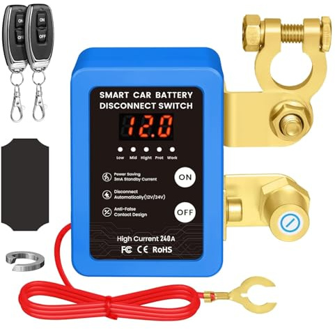 Desconectador de Bateria Coche, Corta Corriente Bateria Coche, 12V 240A Interruptor de Desconexión de Batería Remota con 2 Telecontrol, Interruptor de Batería para RV, ATV, Camión, Barco (Blue)