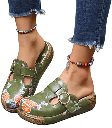 Onsoyours Sabots Femme Compensées Clogs Mules Plates Plateforme Sandales en Cuir Eté Pantoufles Chaussures Confort pour Pieds Larges A Vert 37 EU