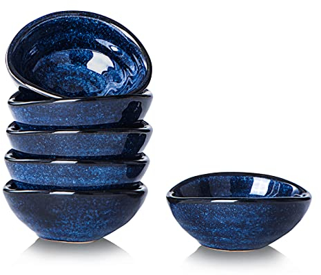 vicrays Keramik-Dip-Soßenschalen – kleine Charcuterie Dip Cups Kochen Vorbereitung Gewürze Öl Schale Mini Tapas Teller für Soja Sushi Salsas Wasabi Vorspeisen Dessert – Set mit 6 blauen