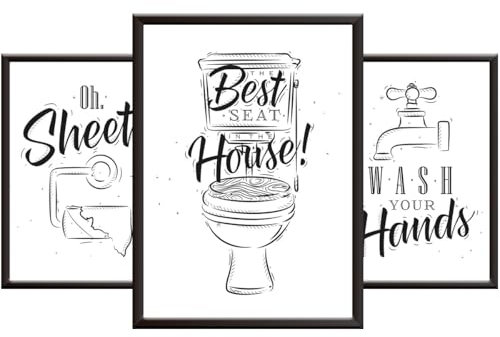 Hey Chimp Funny Bathroom Wall Art Set of 3 Poster Prints - Fun Posters for Toilet Room or Guest Bathroom - Oh Sheet - Wash Hands - Unframed A4 Set of Minimalistic Quotes