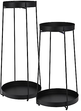 Macetero de metal en color negro, juego de 2 unidades, altura 58/46 cm, estantería decorativa para flores con 2 estantes, taburete para plantas, mesa auxiliar para plantas, soporte para flores