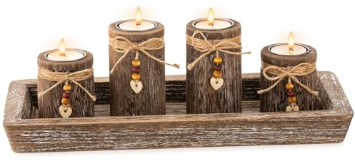 Romadedi Kerzenhalter Adventskranz Holz Herbst Dekoration: Kerzenständer Set Mit Tablett Für Herbst Deko Tischdeko Kerzen Boho Kerzenhalter Für Adventskranz Esstisch Fensterbank Innen Decor