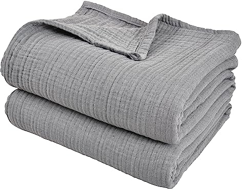 PHF 100% Baumwolle Musselin Decke 150x200cm, 4-lagige weiche hautfreundliche & atmungsaktive Tagesdecke, Ganzjahres-Komfort Grey Sofaüberwurf Couchdecke für Bett Sofa, Grau