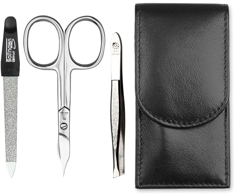 Sonnenschein by Hans Kniebes - Juego de manicura de 3 piezas - Tijeras de uñas, lima de uñas y pinzas - Kit de cuidado de uñas de bolsillo - Estuche de manicura de piel de cordero de napa (negro)